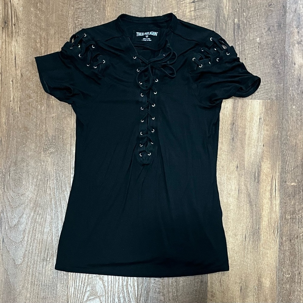 True Religion y2k black lace tie front accent top shirt women’s XS